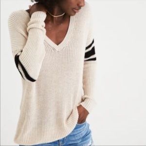 American Eagle V Neck Varsity Stripe Knit Sweater